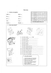 English Worksheet: Animals, colours and numbers