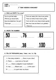 English Worksheet: numbers, there is, there are, has got
