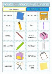 English Worksheet: School Supplies Memory