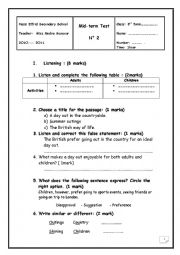 English Worksheet: Mid term Exam 2 for 3rd form Tunisian System