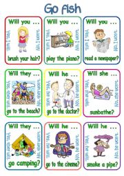 English Worksheet: Go fish - Will you ...? / Will she ...? / Will he ...? / Will they ...? (1/3)