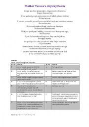 English Worksheet: Mother Teresas Anyway poem