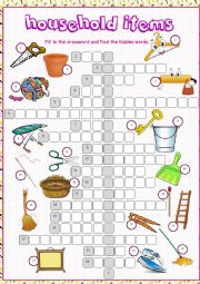 English Worksheet: Household Items Crossword Puzzle