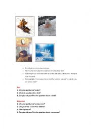 English Worksheet: Winter theme vocabulary and conversation (sled, snowman, fireplace, and snowflake)