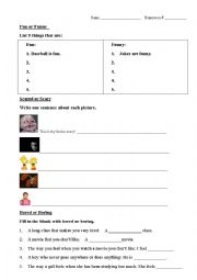 English Worksheet: fun funny bored boring