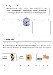 English Worksheet: Multiple Intelligence / Right Brained or Left Brained