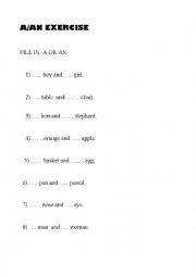 English Worksheet: A/AN EXERCISE