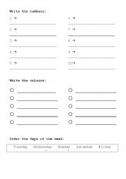 English Worksheet: Numbers, days of the week and colours worksheet