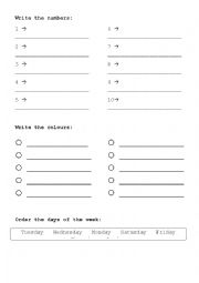 Numbers, days of the week and colours worksheet