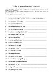 English Worksheet: Using an apostrophe to show possession