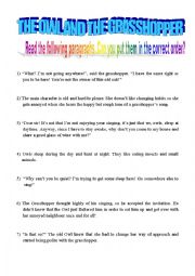 English Worksheet: Aesops fable, The Owl and the Grasshopper paragraph reordering and moral