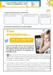 English Worksheet: Your smartphone...  are you addicted?  - reading/writing test for year 9 (level B1-)