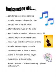English Worksheet: Find someone who....(music topic)