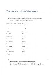 English Worksheet: The description of places. giving directions and the ajectives