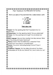 Peer student feedback sheet