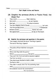 English Worksheet: past simple -passive and active