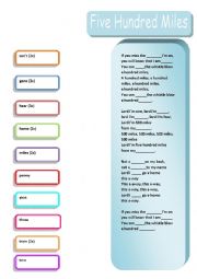 English Worksheet: Song Five Hundred Miles