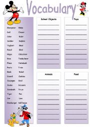 English Worksheet: Vocabulary revisions: school objects, toys, animals and food