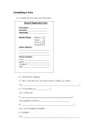 English Worksheet: Completing a registration form and a dialogue