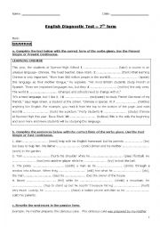 English Worksheet: Diagnostic Test for 7th graders ESL- grammar-reading & writing