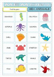 English Worksheet: Sea Animals Memory Game