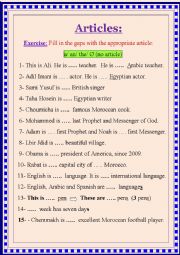 English Worksheet: Articles (a, an, the & no article) _ a nice gap-filling exercise consisting of 20 sentences!  