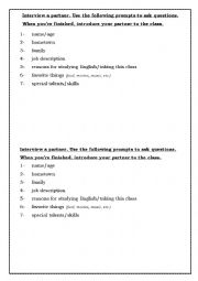 English Worksheet: Partner Interview (Icebreaker)