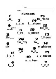 English Worksheet: gap fill numbers 1-20