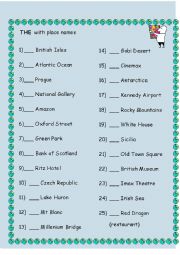 English Worksheet: THE with place names