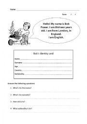 English Worksheet: Bobs identity card