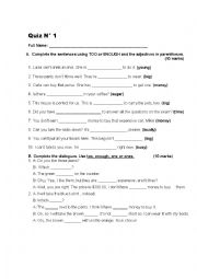 English Worksheet: QUIZ-TOO, ENOUGH, ONE, ONES