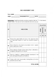 English Worksheet: SELF-ASSESSMENT CARD