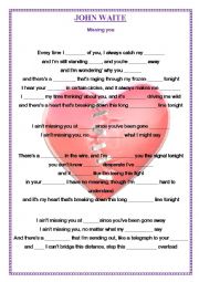English Worksheet: JOHN WAITE - MISSING YOU song