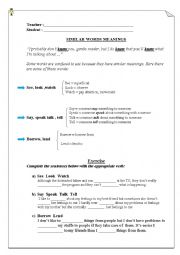 English Worksheet: similar meanings words