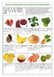 English Worksheet: KEY NUTRIENTS IN FRUIT & VEGETABLES (with key)