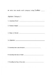 English Worksheet: alphabet category game