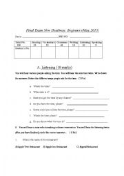 English Worksheet: Beginners New Headway Final Exam