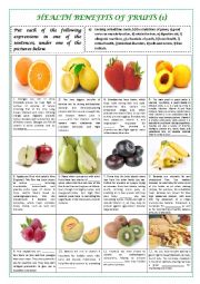 English Worksheet: HEALTH BENEFITS OF FRUITS part 1 (plus key)