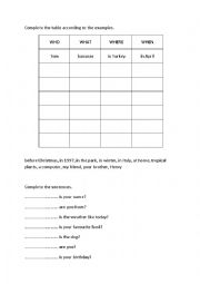 English Worksheet: Wh-questions (e.g. where, why, when, etc.)