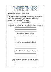 English Worksheet: Three things Ice breaker