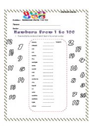 English Worksheet: Numbers from 1 to 100