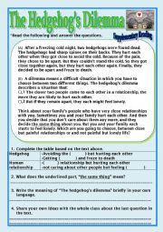 English Worksheet: Supplementary Reading(Hedgehogs Dilemma)