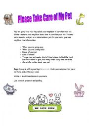 English Worksheet: Please Take Care of My Pet Writing Task