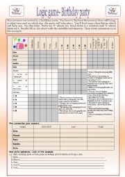 English Worksheet: Logic Game: Birthday Party, 2 pages, key included.