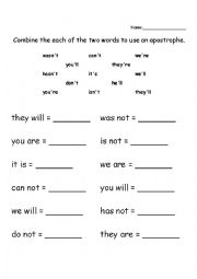 English Worksheet: Contractions Worksheet