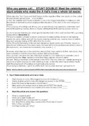 English Worksheet: Stunts Doubles: Reading Comprehesion Activities 