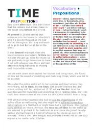 English Worksheet: Time prepositions plus vocabulary