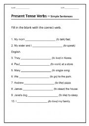 English Worksheet: Present Tense - Simple Sentences