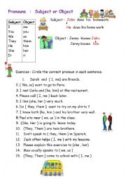 English Worksheet: Pronouns : Subject or Object  Pronouns