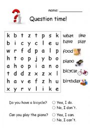 English Worksheet: Questions Wordsearch